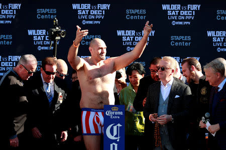 Boxing - Deontay Wilder & Tyson Fury Weigh-In - Los Angeles Convention Center, Los Angeles, United States - November 30, 2018 Tyson Fury during the weigh in Action Images via Reuters/Andrew Couldridge