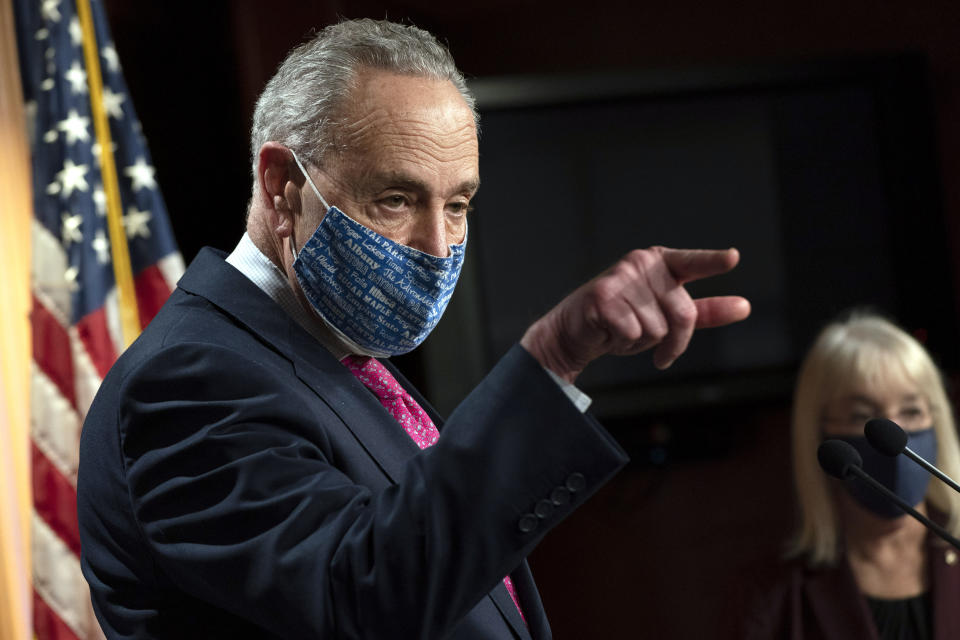 Senate Majority Leader Chuck Schumer of N.Y., left, speaks during a news conference with Sen. Patty Murray, D-Wash., right, Tuesday, Jan. 26, 2021, on Capitol Hill in Washington. (AP Photo/Jacquelyn Martin)