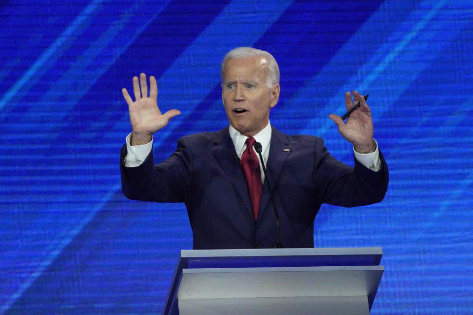 Democratic presidential candidate former Vice President Joe Biden answers a question Thursday, Sept. 12, 2019, during a Democratic presidential primary debate hosted by ABC at Texas Southern University in Houston. (AP Photo/David J. Phillip)