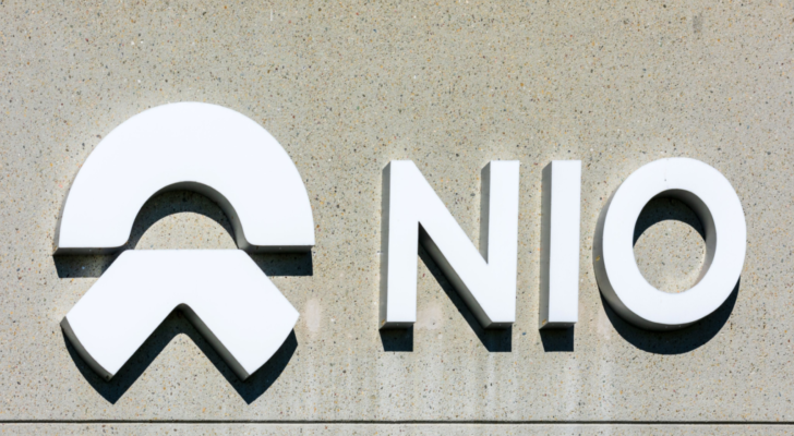 NIO logo, sign atop of North American headquarters and global software development center in Silicon Valley. NIO is Chinese electric autonomous vehicles manufacturer