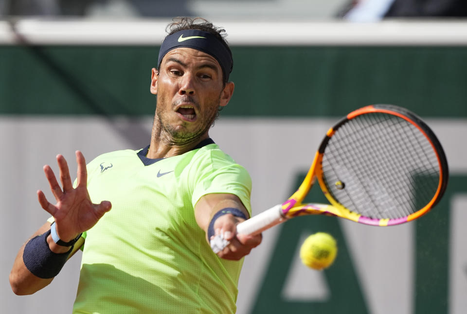 Spain's Rafael Nadal plays a return to Britain's Cameron Norrie during their third round match on day 7, of the French Open tennis tournament at Roland Garros in Paris, France, Saturday, June 5, 2021. (AP Photo/Michel Euler)