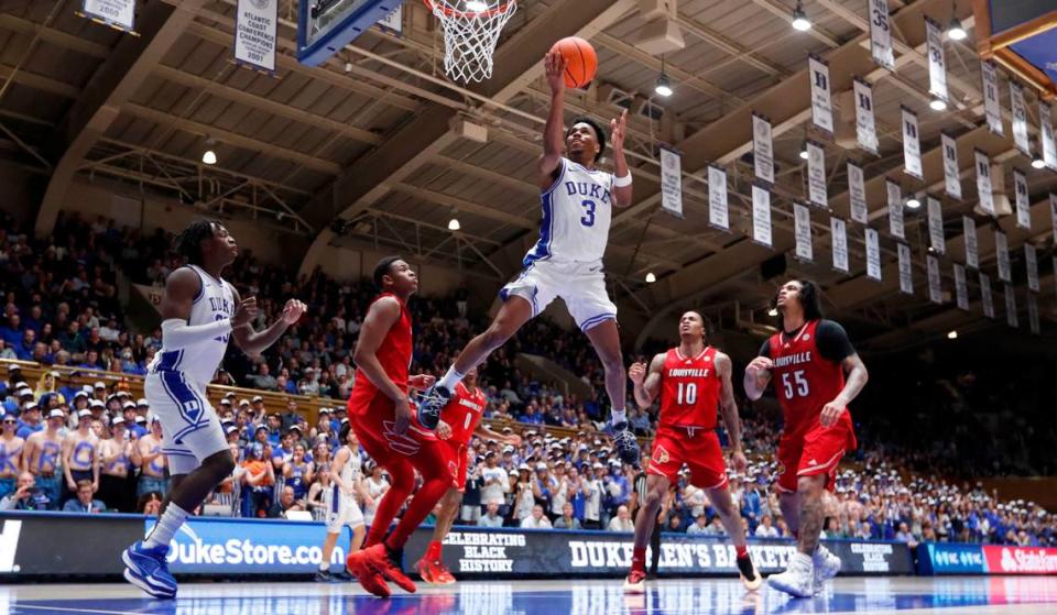 Duke’s Jeremy Roach (3) heads to score two during Duke’s 84-59 victory over Louisville at Cameron Indoor Stadium in Durham, N.C., Wednesday, Feb. 28, 2024.