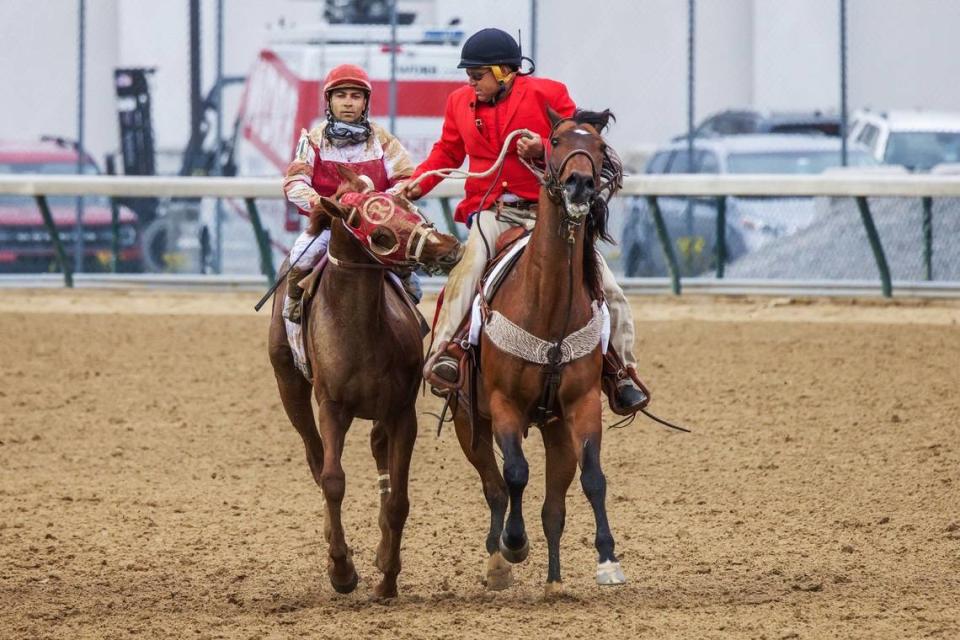 An excited Rich Strike, left, nipped at the leg of outrider Greg Blasi and his track pony as they guided him to the winner’s circle at Churchill Downs in Louisville, Ky., Saturday May 7, 2022 after Rich Strike won the 148th Kentucky Derby.