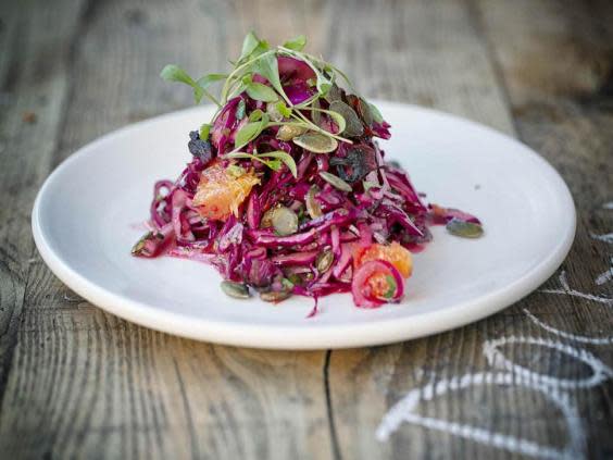 Zesty hibiscus salad with red cabbage, chilli and orange (Recipe from masaandmezcal.co.uk)