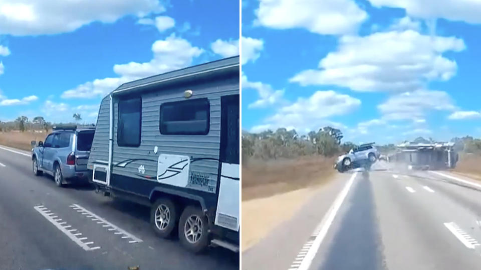 The terrifying footage shows the moments a car towing a caravan lost control and flipped while driving down a Queensland Highway. Source: Queensland Police.