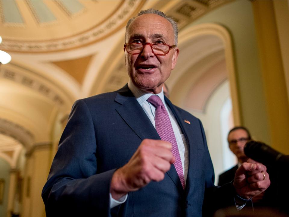 Senate Minority Leader Sen. Chuck Schumer of N.Y., speaks at a news conference following a Senate policy luncheon on Capitol Hill, Tuesday, Sept. 10, 2019, in Washington. (AP Photo/Andrew Harnik)