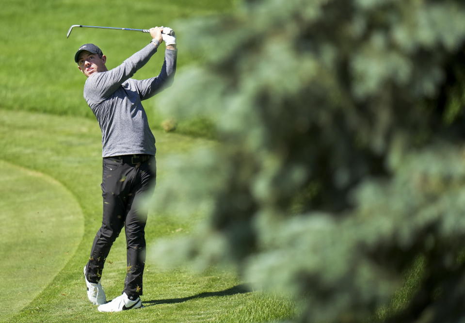 Rory McIlroy hits his approach shot on the 11th hole during the Canadian Open golf pro-am in Toronto on Wednesday, June 8, 2022. (Nathan Denette/The Canadian Press via AP)