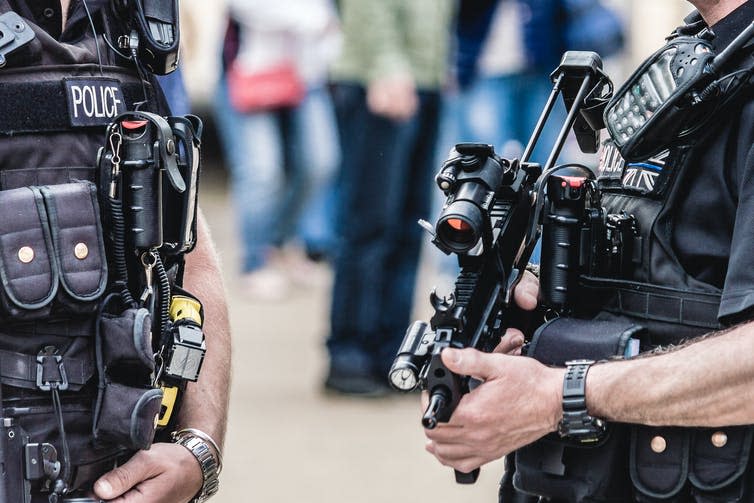 Guns in the hands of armed police.