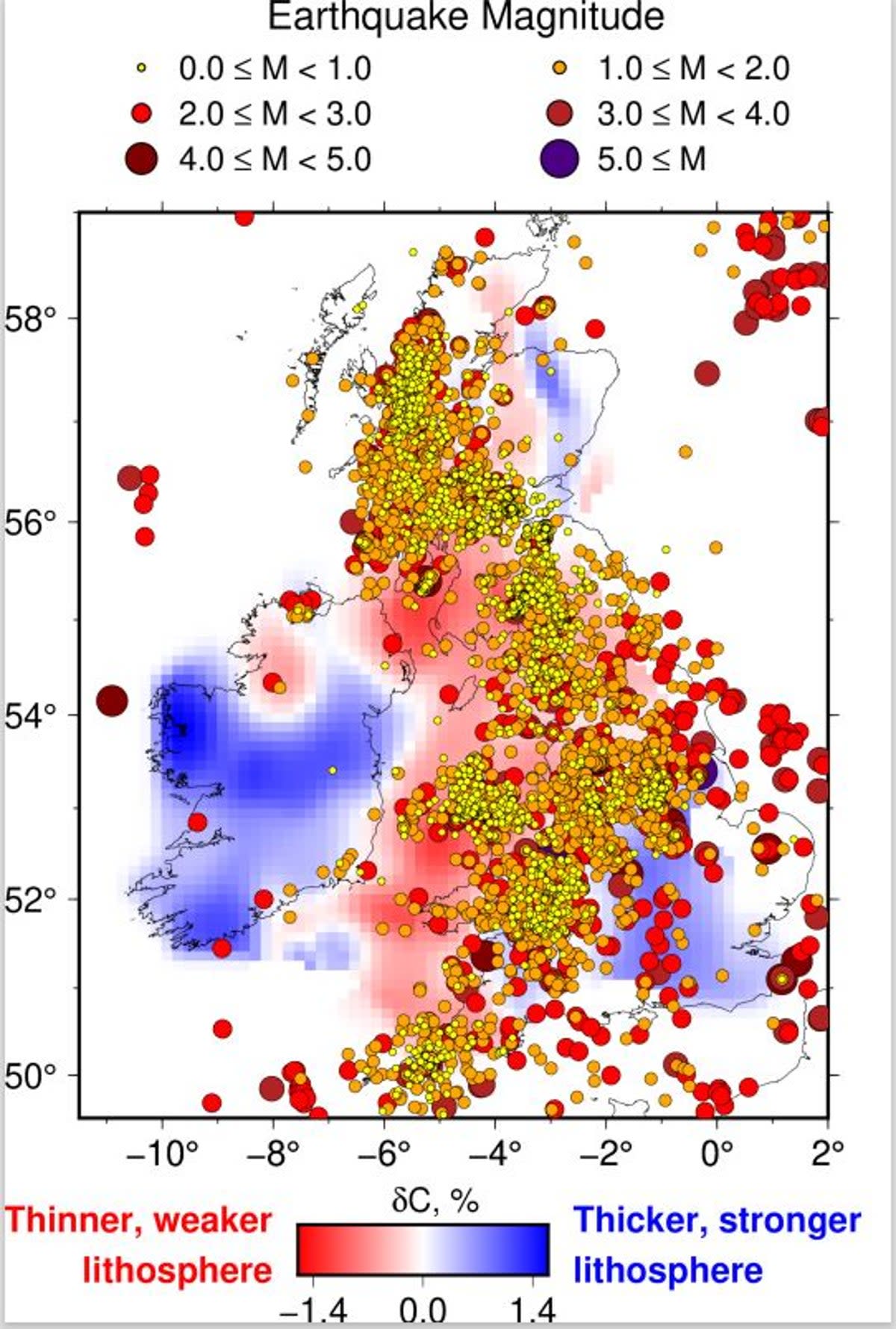 The number and magnitude of earthquakes in Ireland and Great Britain over the last few decades shown on a map that also shows the variation in thickness of plate (Raffaele Bonadio)