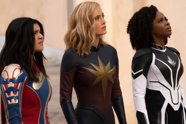 <p>Laura Radford/Courtesy of Marvel Studios</p> Iman Vellani, Brie Larson and Teyonah Parris in <em>The Marvels</em> (2023)