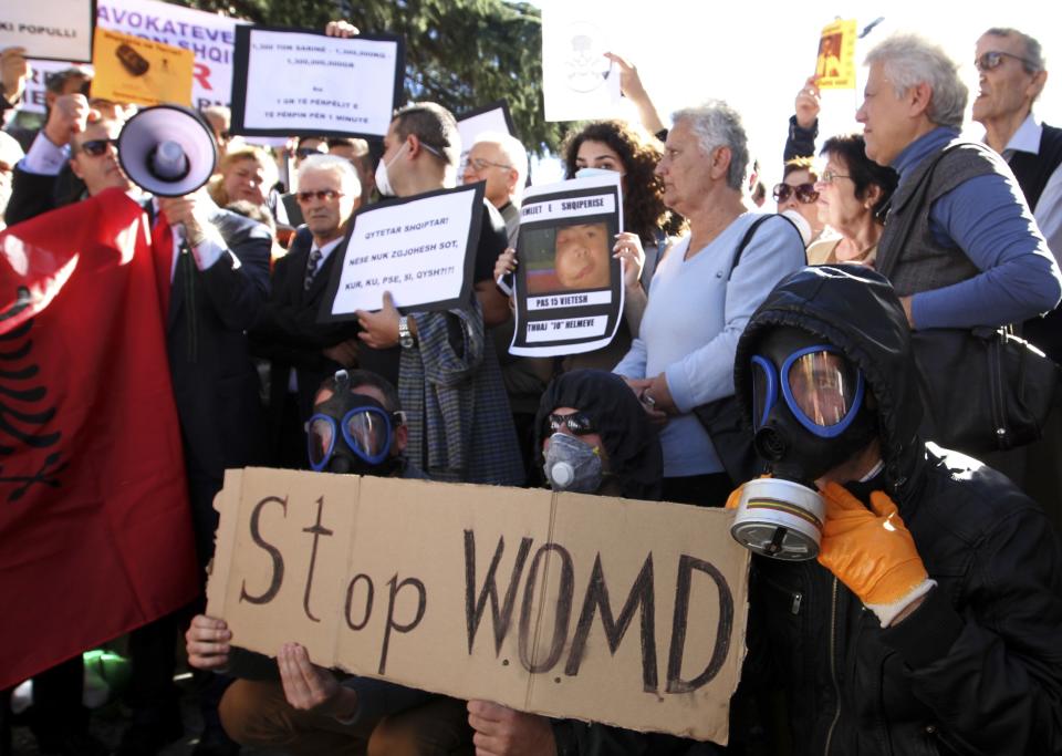 Demonstrators protest against the dismantling of Syrian chemical weapons in Albania in front of the Prime Minister's office in Tirana