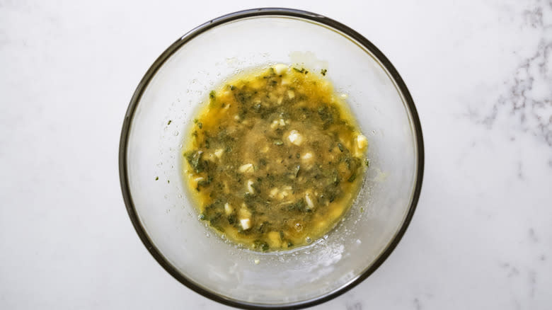 Maple-Dijon glaze in glass bowl