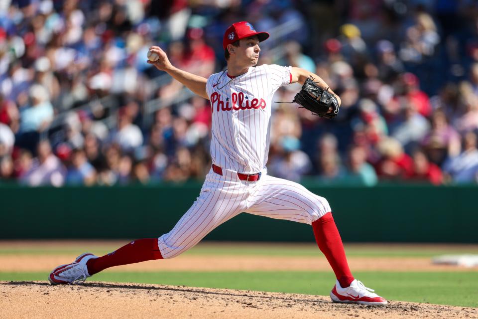 Philadelphia Phillies pitcher Mick Abel (74) throws a pitch against the New York Yankees in the sixth inning at BayCare Ballpark in spring training Feb. 25, 2024 in Clearwater, Florida. Abel is ranked as the Phillies second-best prospect by MLB.com and is expected to open the season with the Lehigh Valley Iron Pigs.