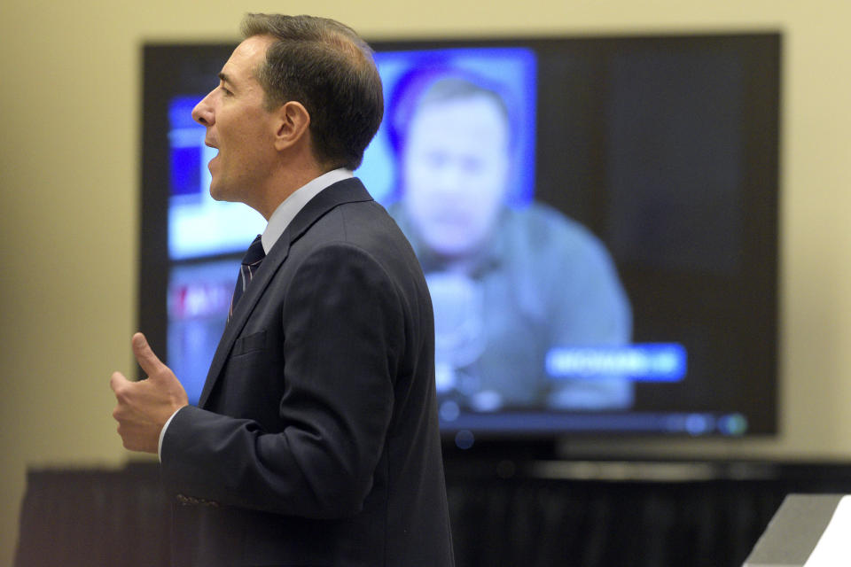 Attorney Chris Mattei questions Brittany Paz, a lawyer hired by Alex Jones’ defense to testify on Infowars' workings, during Jones' Sandy Hook Elementary School defamation damages trial at Waterbury Superior Court, Wednesday, Sept. 14, 2022, in Waterbury, Conn. (H John Voorhees III/Hearst Connecticut Media via AP, Pool)