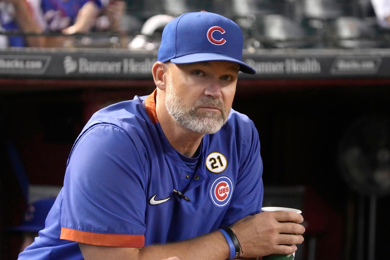 Chicago Cubs manager David Ross (3) gets ready for a game against the Arizona Diamondbacks at Chase Field in Phoenix on Sept. 15, 2023.