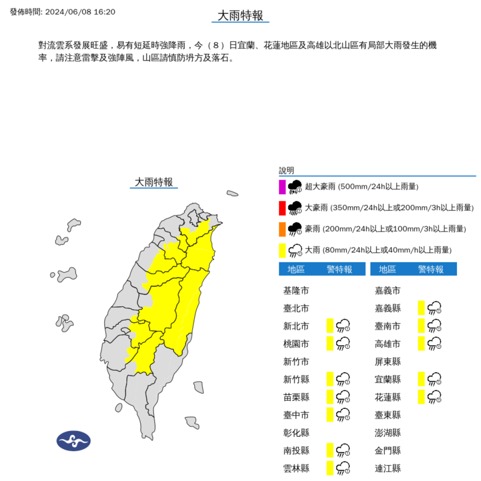 中央氣象署今(8日)下午針對宜蘭、花蓮地區及高雄以北山區發布大雨特報。   圖：氣象署／提供