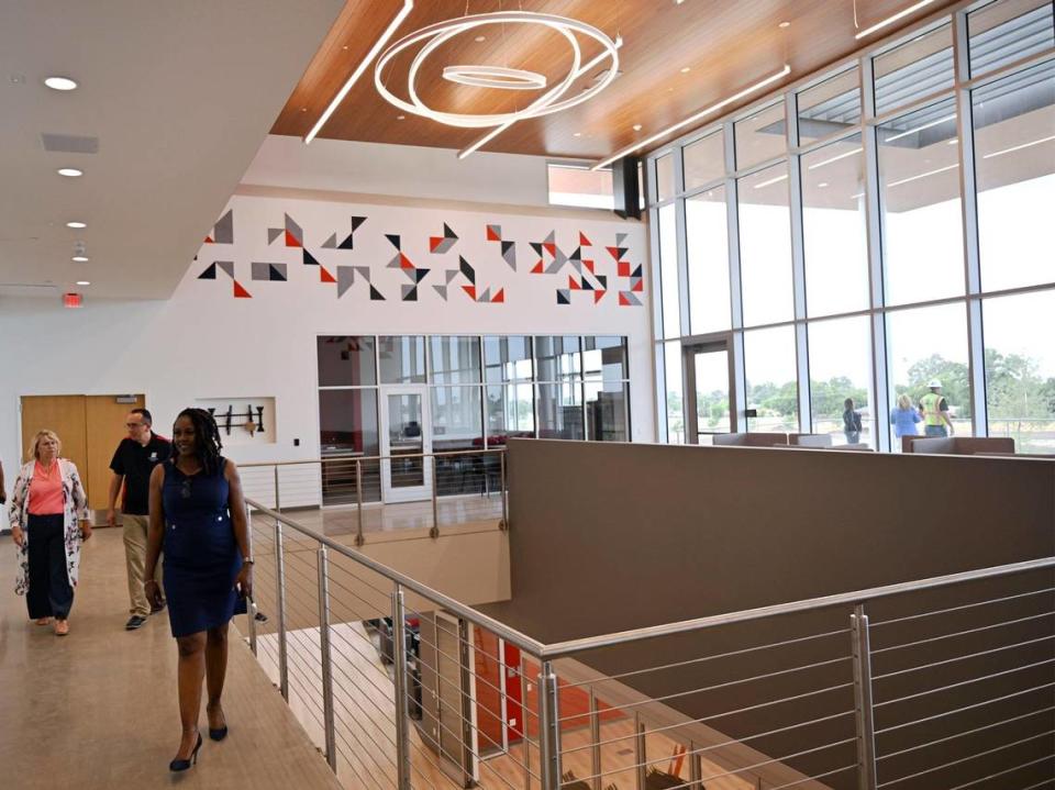 An open air area between floors, seen during a tour of Fresno City College’s new West Fresno campus still under construction on Thursday, June 22, 2023.