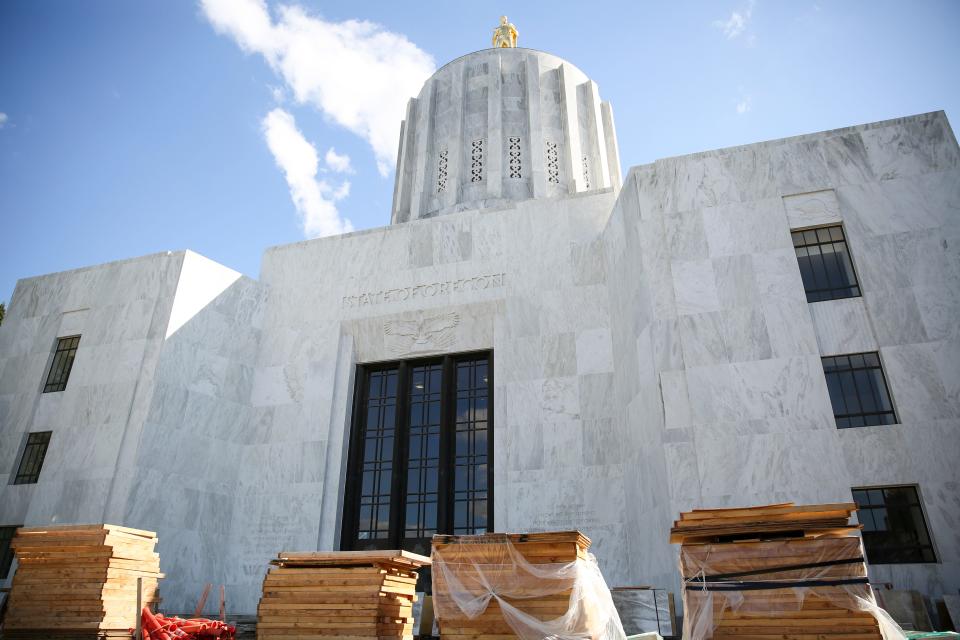 The front side of the Oregon State Capitol is under construction near Court Street Northeast on Wednesday, July 21, 2021 in Salem. 