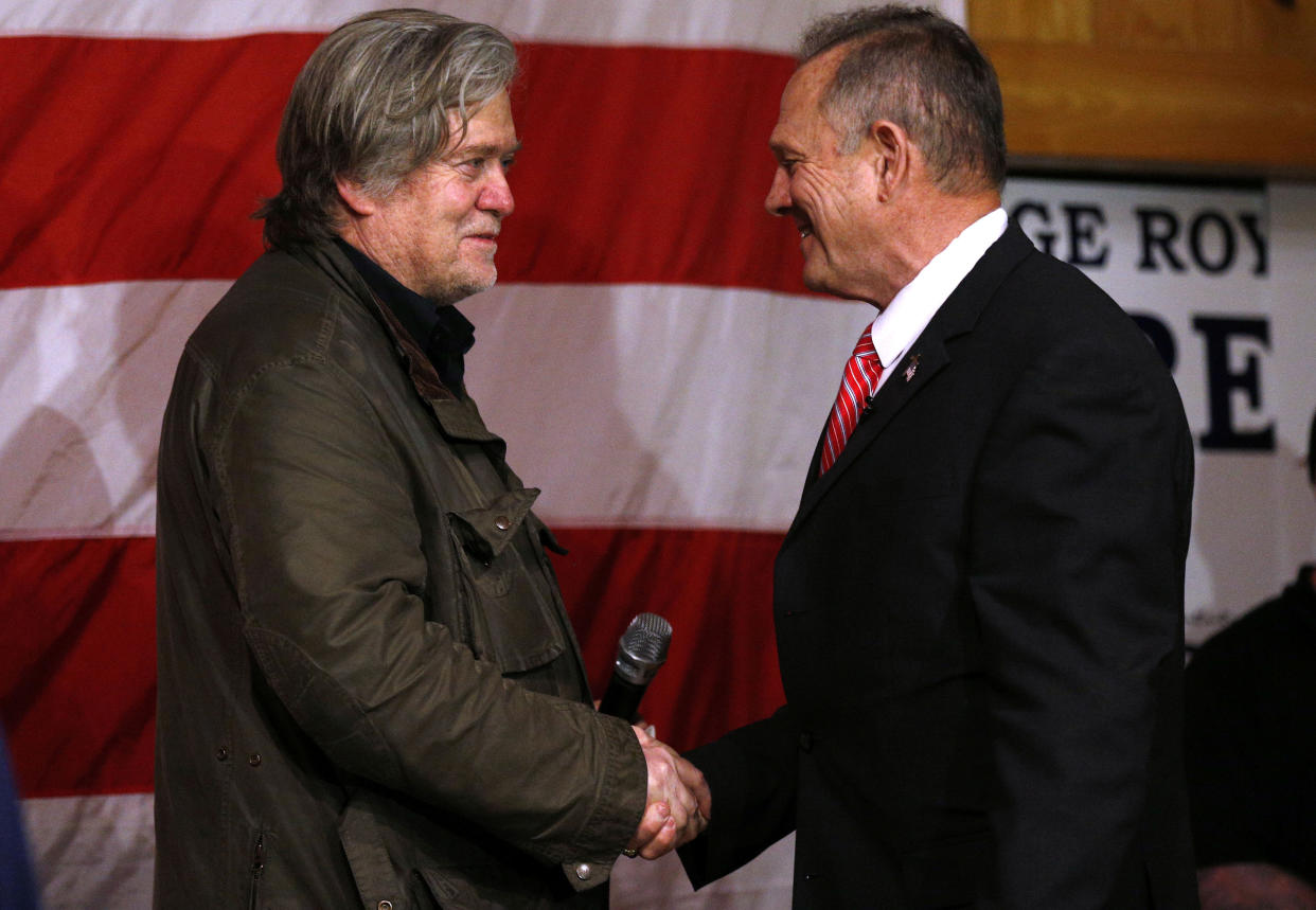 Steve Bannon and Roy Moore at a Moore campaign event Dec. 5. (Photo: Jonathan Bachman/Reuters)