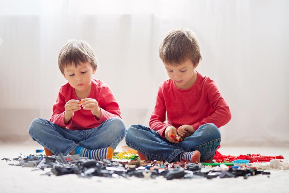 Two brothers play with LEGO bricks