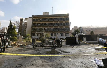 A general view shows the site of a suicide bombing at a police officers' club in a residential district of Damascus, in Masaken Barza, Syria February 9, 2016. REUTERS/Omar Sanadiki