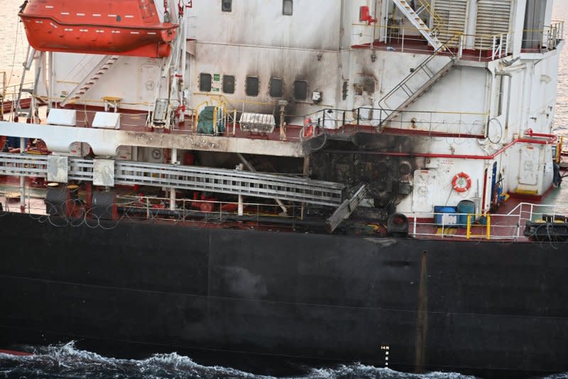 View of the damage caused by a drone attack on Wednesday to the U.S.-owned Marshall Islands-flagged M/V Genco Picardy in the Gulf of Aden. Photo via Indian Navy/UPI