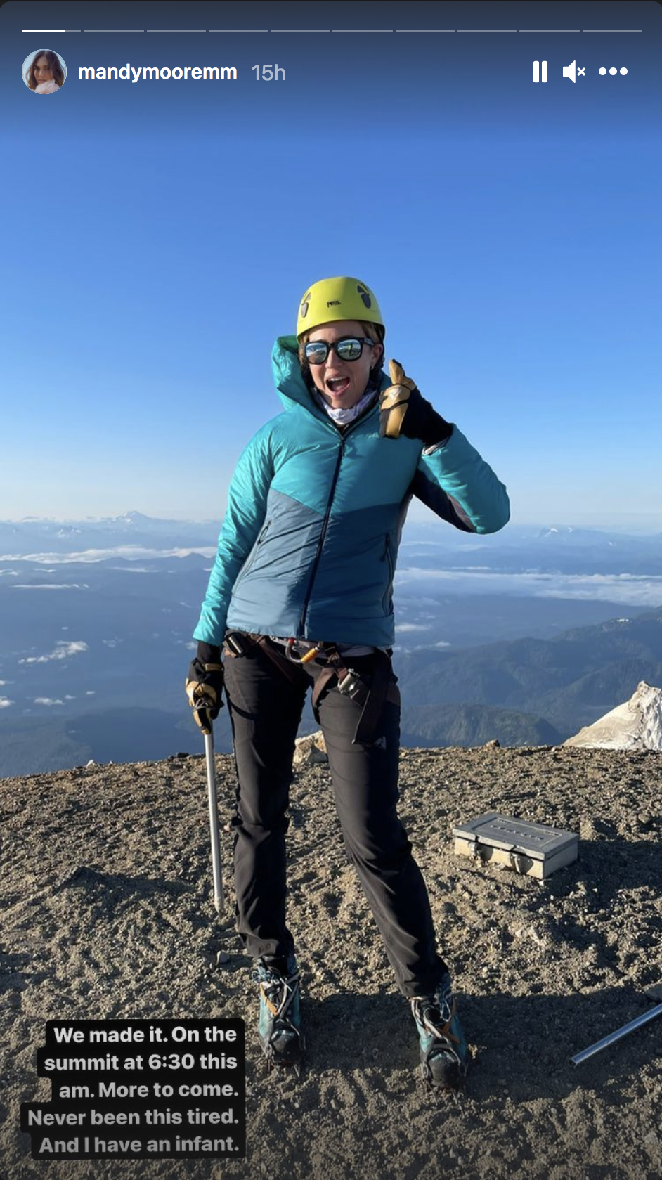 Mandy Moore gives a thumbs up from the summit of Mount Baker