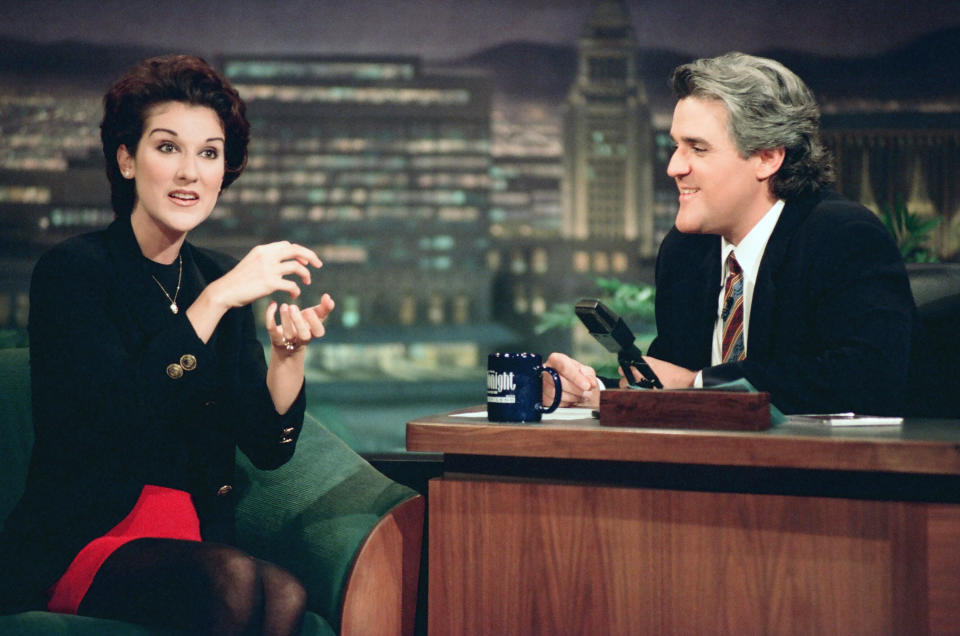 THE TONIGHT SHOW WITH JAY LENO -- Episode 451 -- Pictured: (l-r) Musical guest Celine Dion during an interview with host Jay Leno on May 4, 1994 -- (Photo by: Margaret Norton/NBC/NBCU Photo Bank via Getty Images)