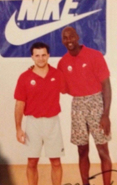 Chris Jans and Michael Jordan during a summer basketball camp at Elmhurst College.