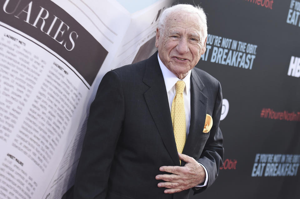 FILE - Mel Brooks attends the LA Premiere of "If You're Not In The Obit, Eat Breakfast" on May 17, 2017, in Beverly Hills, Calif. The Academy of Motion Picture Arts and Sciences announced Monday that Brooks, Angela Bassett, and film editor Carol Littleton will receive honorary Oscars at November's Governors Awards. (Photo by Richard Shotwell/Invision/AP, File)