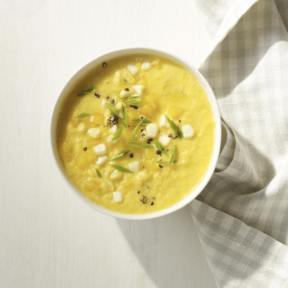 <p>The yellow vegetables of summer--fresh corn, yellow tomatoes and yellow peppers--make this slightly sweet gazpacho soup recipe a beautiful and delicious alternative to red gazpacho. <a href="https://www.eatingwell.com/recipe/250749/yellow-gazpacho/" rel="nofollow noopener" target="_blank" data-ylk="slk:View Recipe" class="link ">View Recipe</a></p>