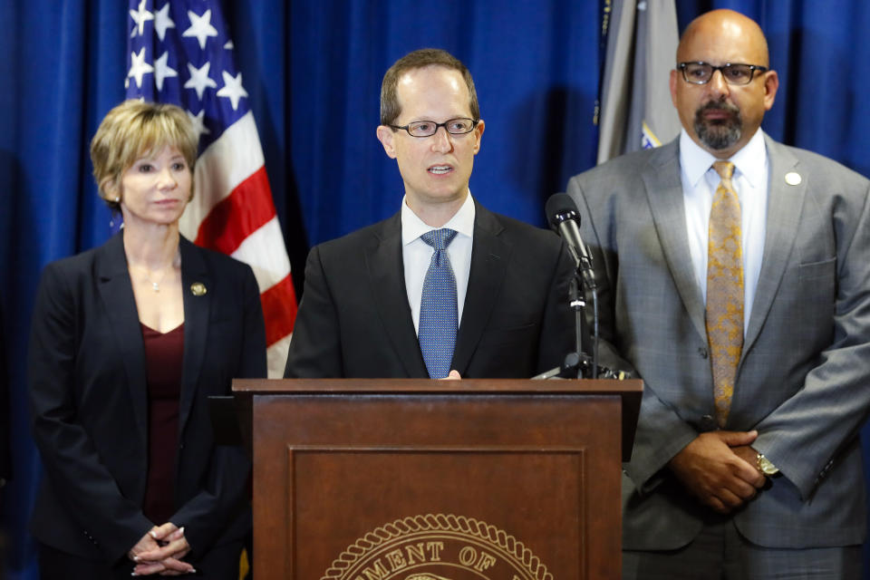 Benjamin Glassman, United States Attorney of the Southern District of Ohio, speaks during a news conference, Thursday, July 18, 2019, in Cincinnati. Federal authorities say Miami-Luken, an Ohio-based wholesale drug distributor that's been linked before to the opioid drug crisis, has been charged in a painkiller pill conspiracy cases. (AP Photo/John Minchillo)