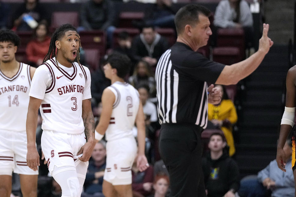 Stanford guard Kanaan Carlyle (3) reacts after being called for a foul against Arizona State during the second half of an NCAA college basketball game Friday, Dec. 29, 2023, in Stanford, Calif. (AP Photo/Tony Avelar)