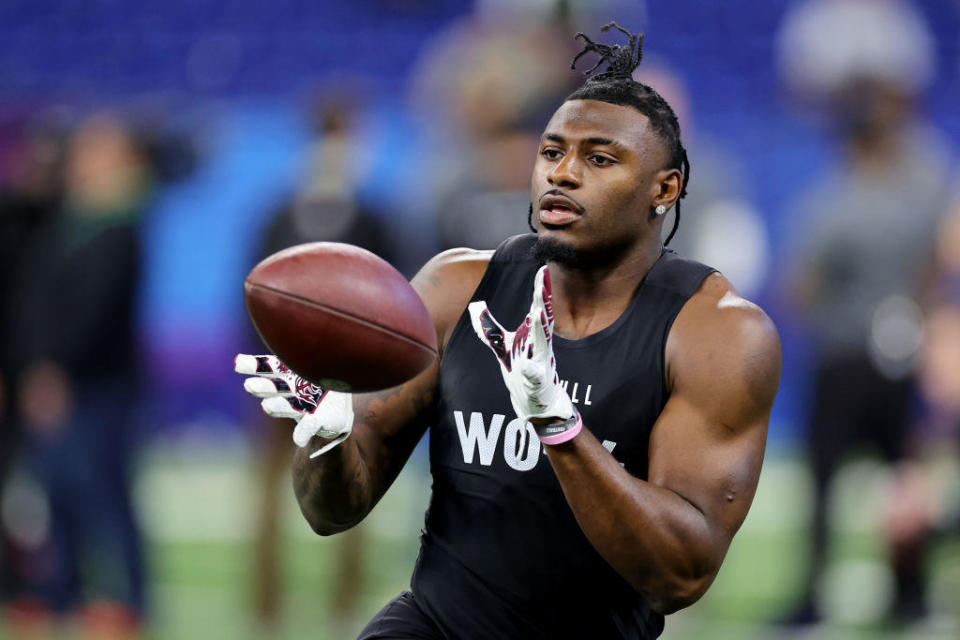 Xavier Legette of South Carolina participates in a drill during the NFL Combine at Lucas Oil Stadium on March 2, 2024, in Indianapolis, Indiana. / Credit: Getty Images