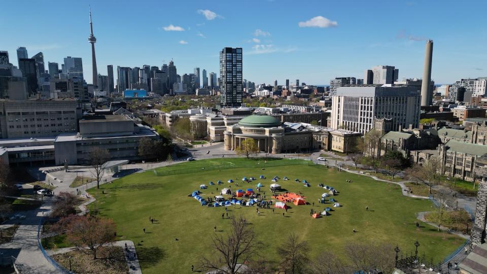 Aerial (drone) image of an encampment at the University of Toronto on May 2, 2024, where pro-Palestinian protesters have taken over King's College Circle.