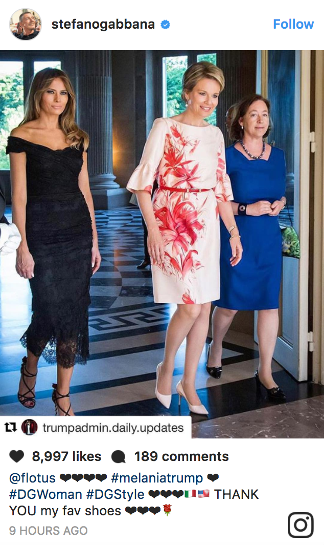 First Lady Melania Trump wore a coat by Italian company Dolce & Gabbana while on tour with Donald Trump in Italy.