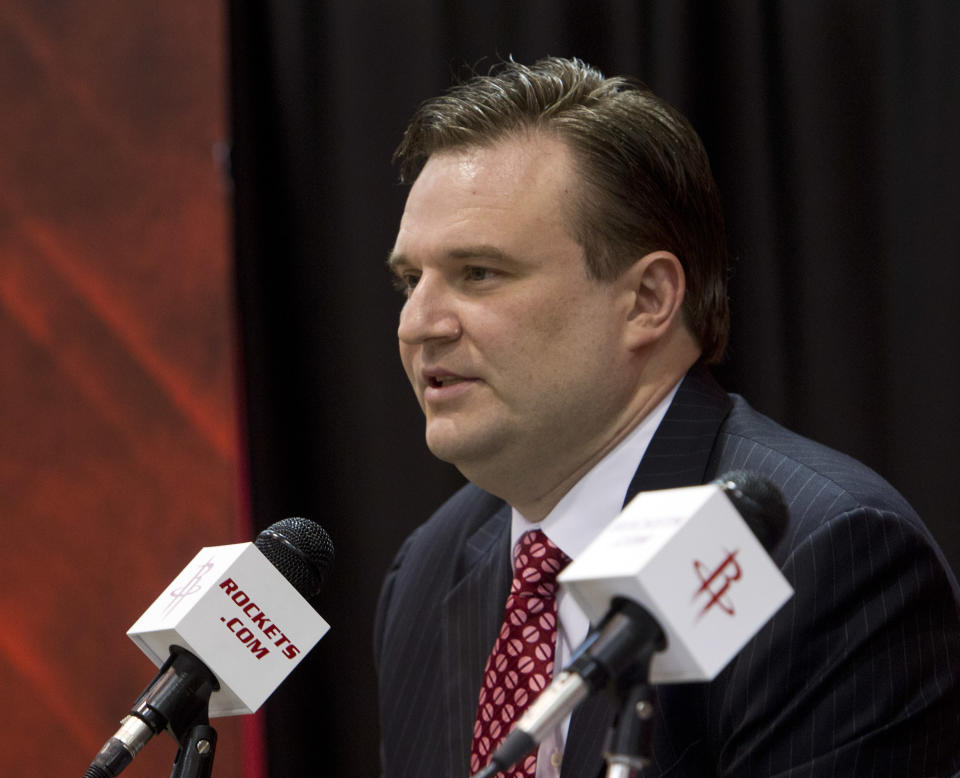 HOUSTON, TX - JULY 19: Daryl Morey, general manager of the Houston Rockets speaks during a press conference announcing the signing of Jeremy Lin at Toyota Center on July 19, 2012 in Houston, Texas.  (Photo by Bob Levey/Getty Images)