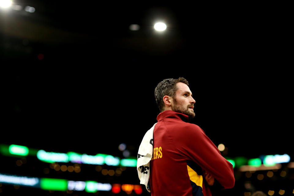 Once again the focus of trade talks with the Cavaliers, Kevin Love insists that it’s still business as usual for him in Cleveland. (Maddie Meyer/Getty Images)