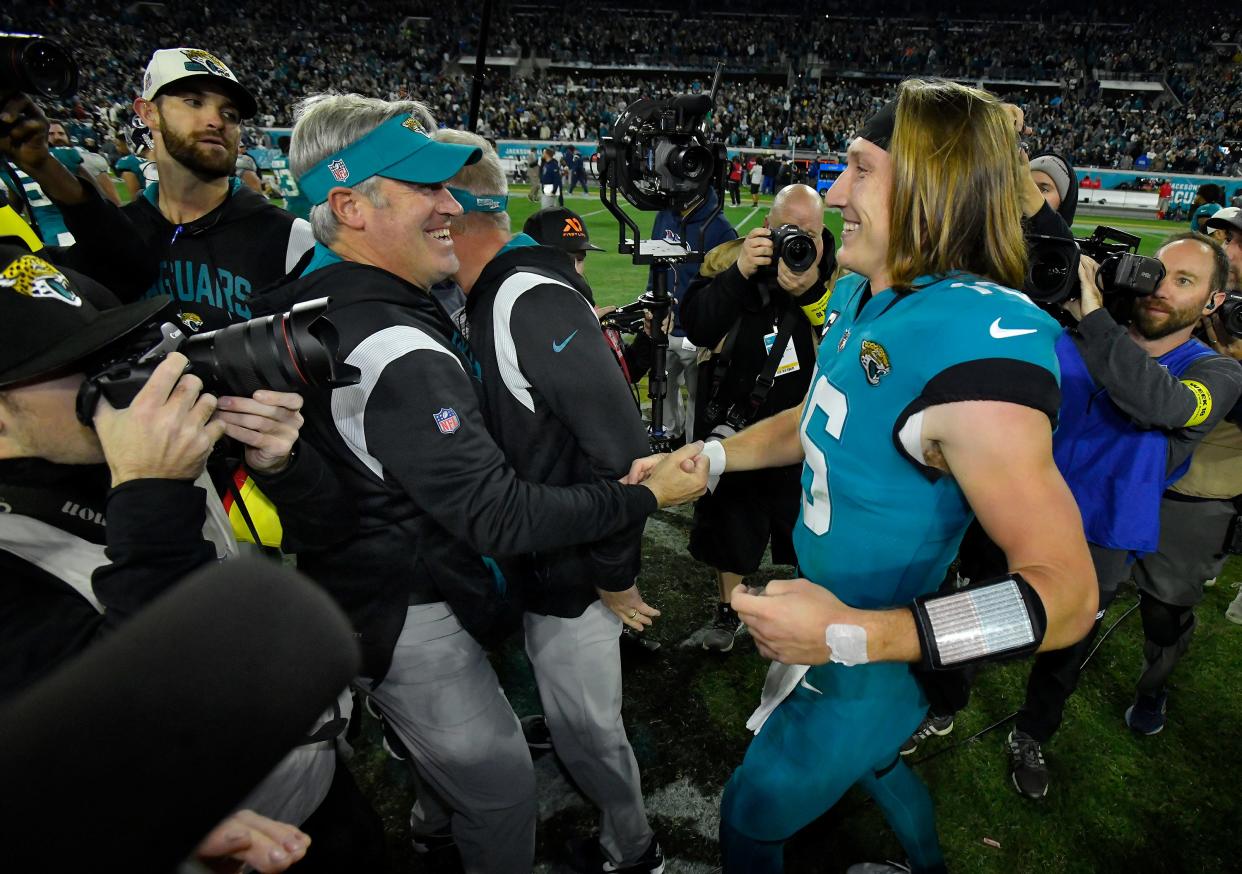 Jaguars' head coach Doug Pederson, seen here celebrating with quarterback Trevor Lawrence after an AFC South title-clinching victory over the Tennessee Titans, has put an offense in place that will likely break franchise records and maybe crack the 500-point club next season.