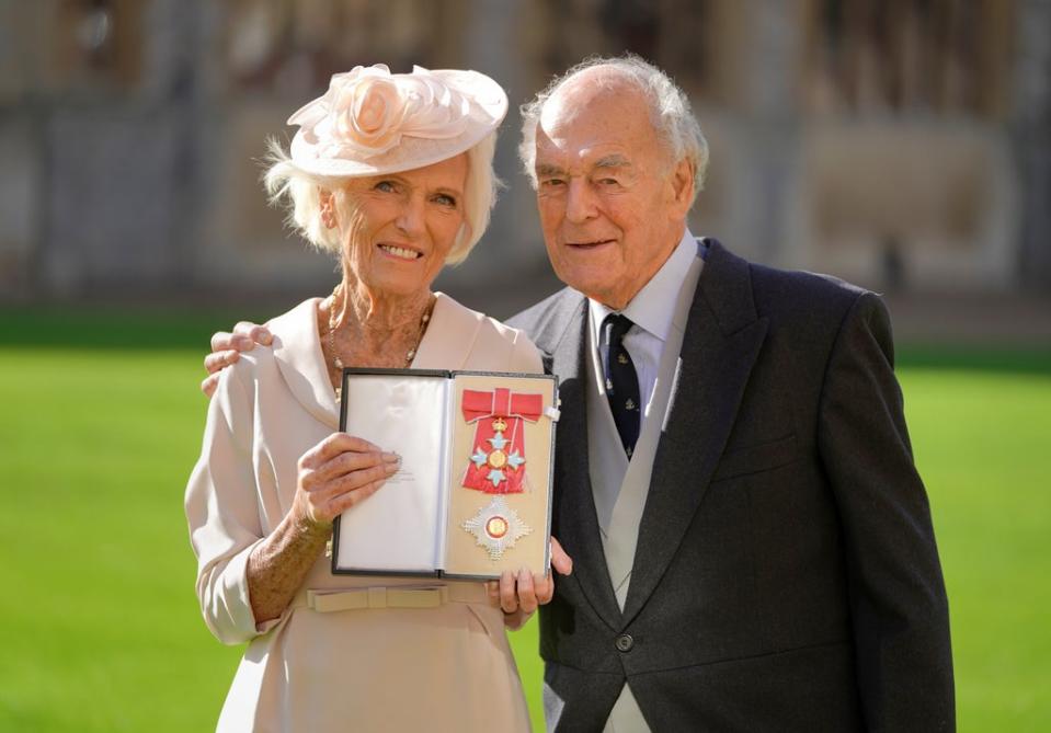 Dame Mary Berry, with husband Paul Hunnings, after being made a Dame Commander (Kirsty O’Connor/PA) (PA Wire)