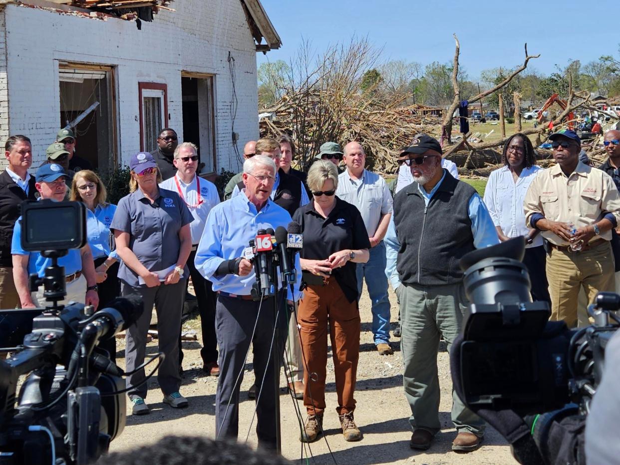 Mississippi U.S. Senators Roger Wicker, at mic, and Cindy Hyde-Smith, to Wicker's right, along with U.S. Rep. Bennie Thompson, in black vest, joined Gov. Tate Reeves in Rolling Fork at Noon Sunday for an update on the federal and state response to the devastation in Mississippi.