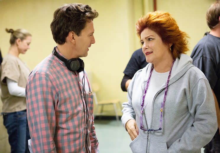 Andrew McCarthy and Kate Mulgrew on the set on Netflx's Orange is the New Black. (Credit: Netflix)