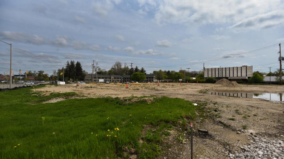 The East Lansing site where construction of the new Trader Joe's grocery store has been at a standstill for months, seen Monday, May 8, 2023.