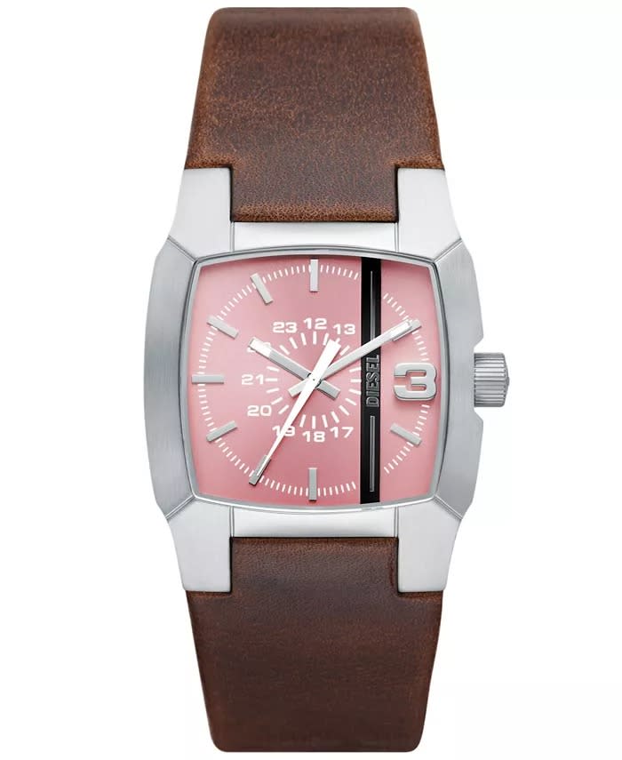 New Watch Diesel Mens-Cliffhanger-Brown-Leather-Strap-Watch-pink-face