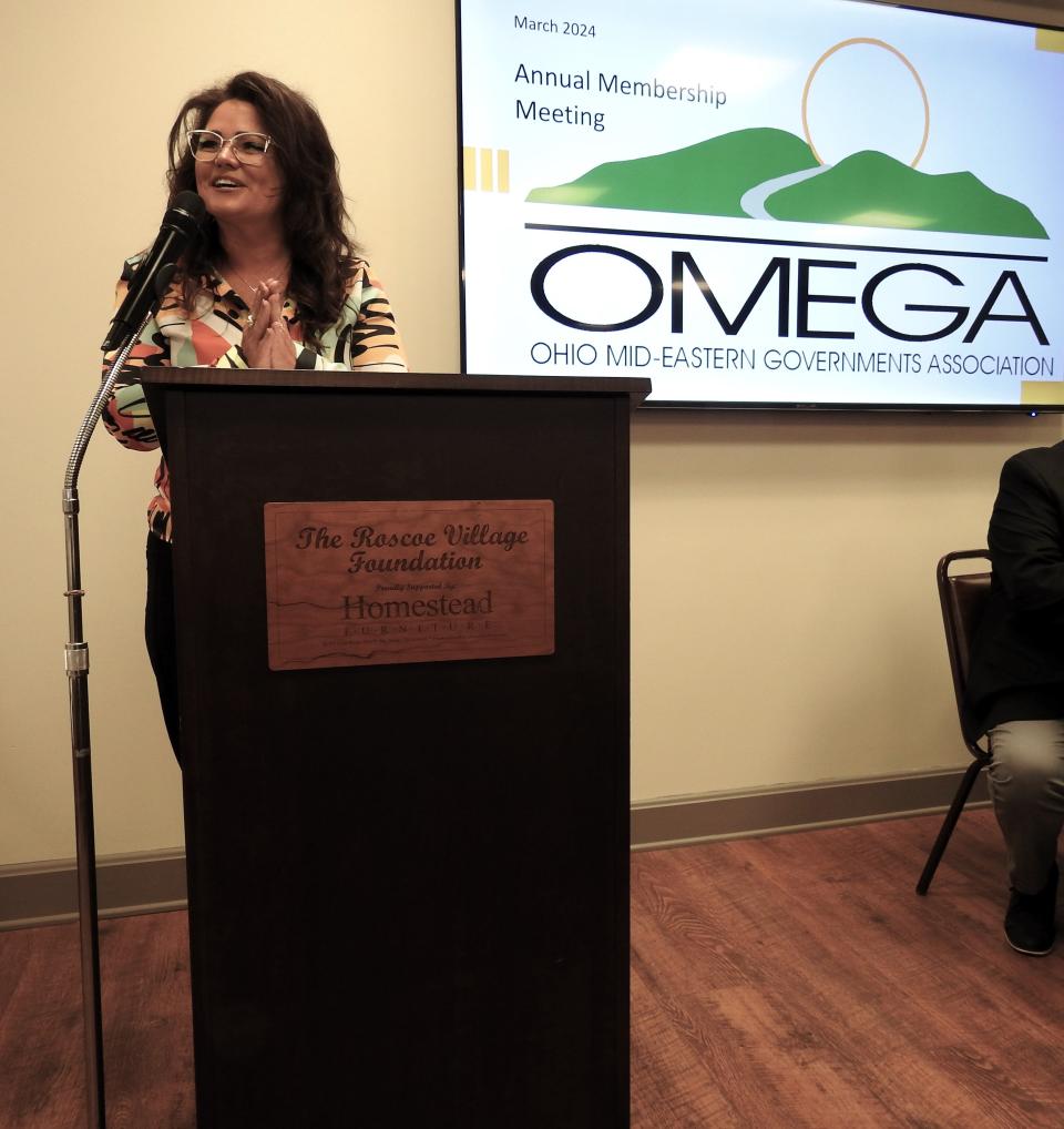 Ohio Mid-Eastern Governments Association Executive Director Vicki King-Maple speaks at the recent annual membership meeting in Coshocton. She focused on the Destination Appalachia: Pathway to Prosperity project grant application to the Appalachian Regional Commission.