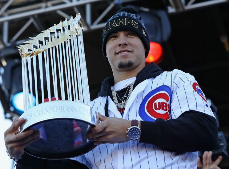 Breakout Cubs star Javier Baez will never let us forget his team won the 2016 World Series. (Getty Images)