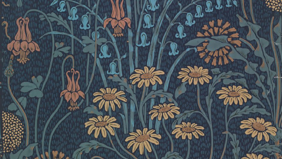 Dating to 1904, this sample of wallpaper "Dulce Domum" was created by by designer Walter Crane using color woodblock print. - Courtesy Victoria & Albert Museum