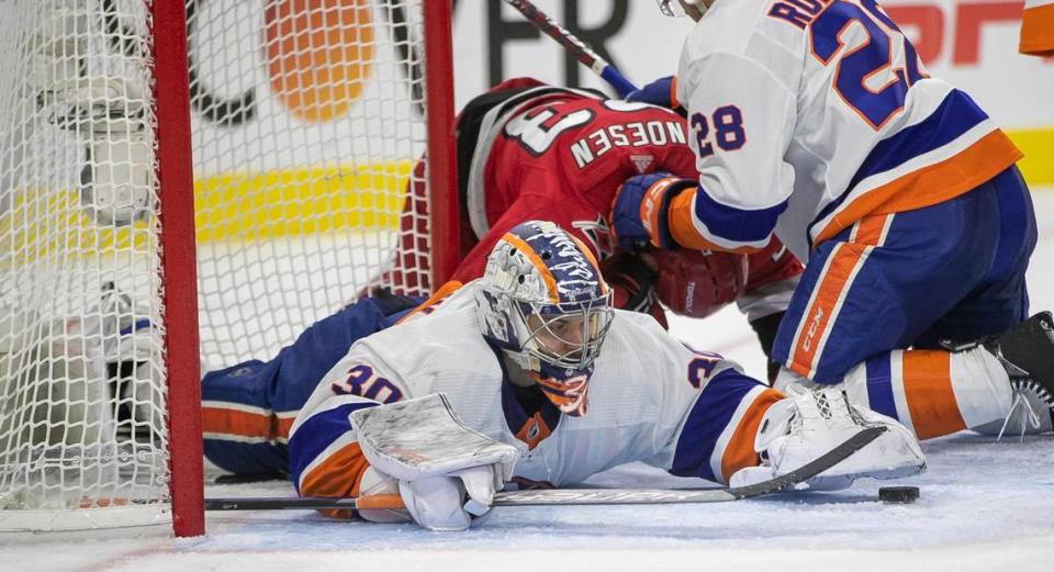 New York Islanders goalie Ilya Sorokin (30) stops a scoring attempt by the Carolina Hurricanes Stefan Noesen (23) in the first period during Game 5 of their Stanley Cup series on Tuesday, April 25, 2023 at PNC Arena in Raleigh, N.C.