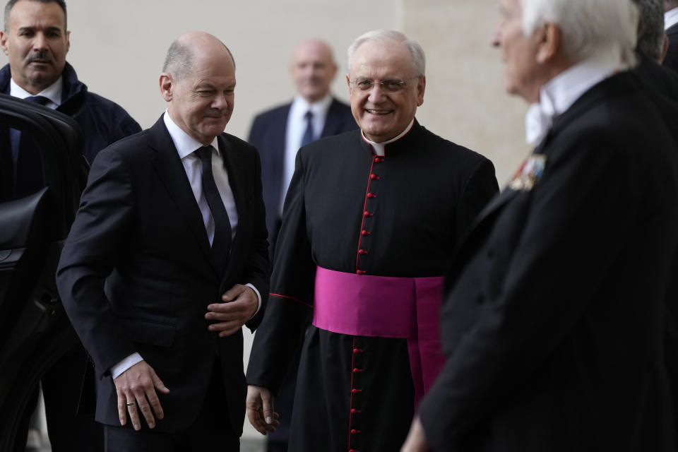 German Chancellor Olaf Scholzarrives at the St. Damaso courtyard ahead of his private audience with Pope Francis at the Vatican, Saturday, March 2, 2024. (AP Photo/Alessandra Tarantino)