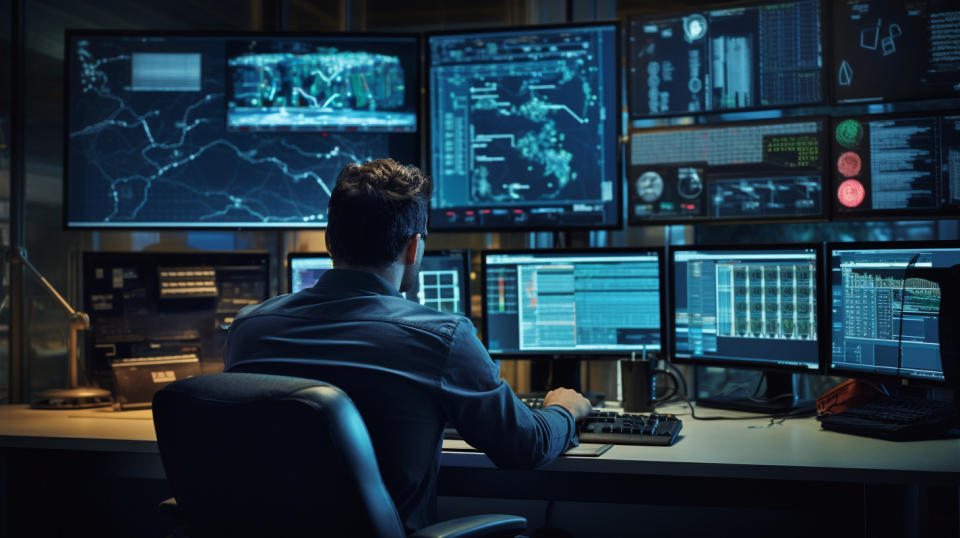 A technician calibrating a telematics device in a central control room.